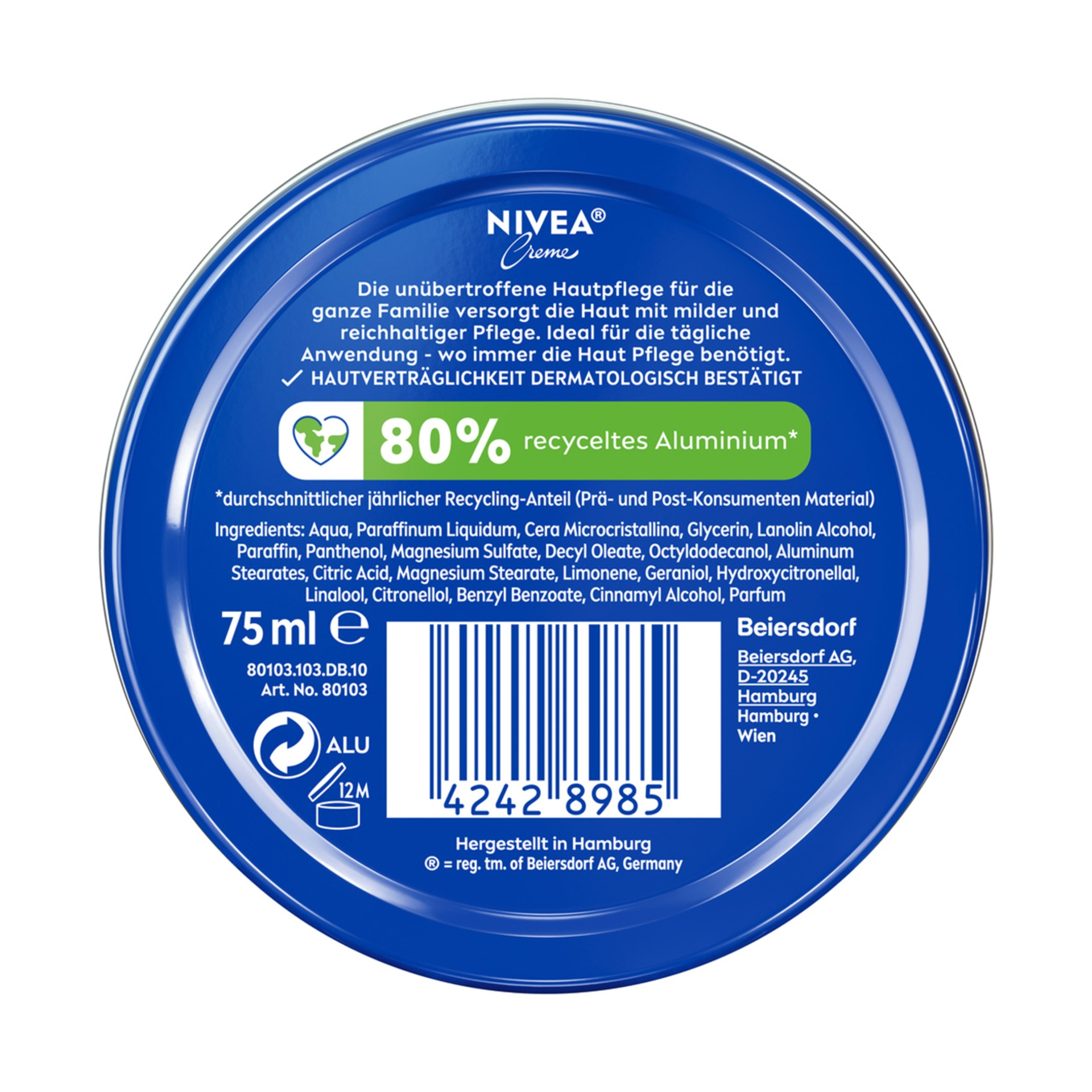 Nivea Creme Dose mit Informationen zu Inhaltsstoffen und Recyclinganteil